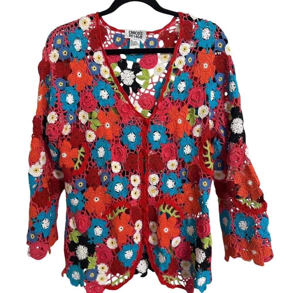 Chico's Design Floral Crochet Cardigan‎ Chico's Size 2 Women's Large